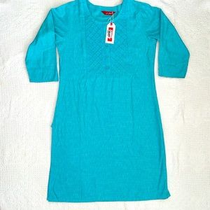 NWT Arriba Embroidered Tunic Top Kurti Turquoise Size Small Made in India